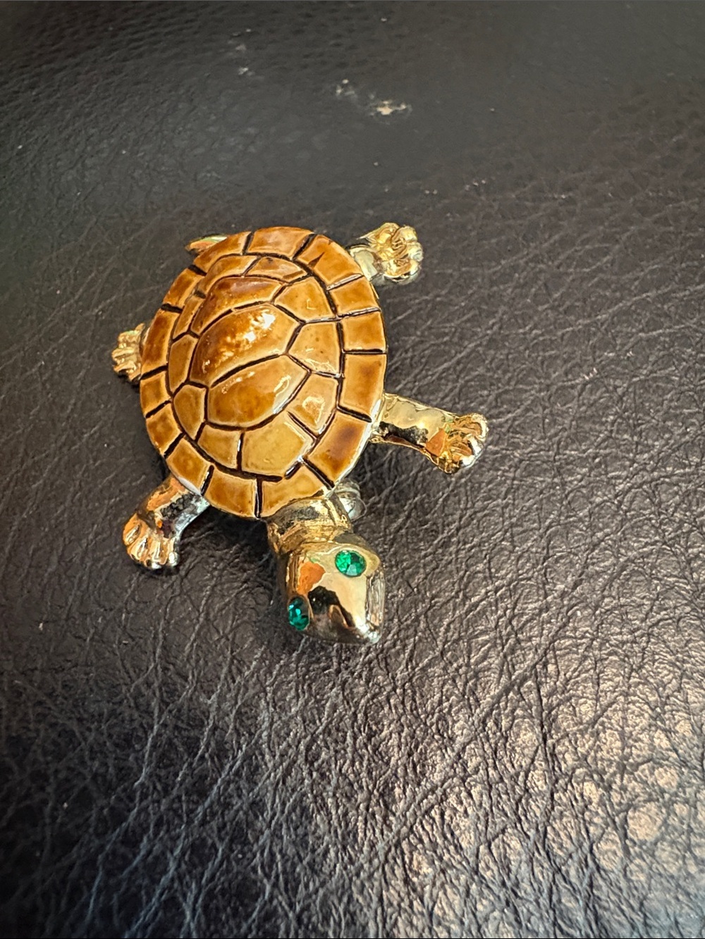 Gold Tone Turtle Brooch with Green Rhinestone Eyes, Vintage Enamel Back Turtle